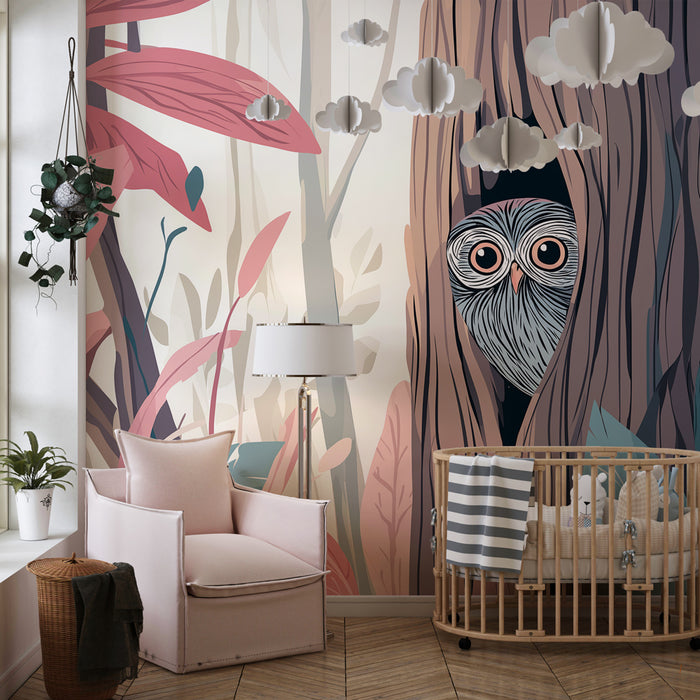 Kinderkamer behang | Uil verstopt in het bos