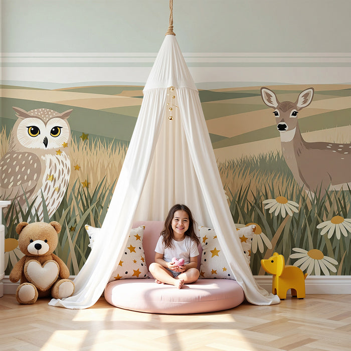 Kinderzimmer Tapete | Eule, Hirsch und Hase auf einer blühenden Wiese