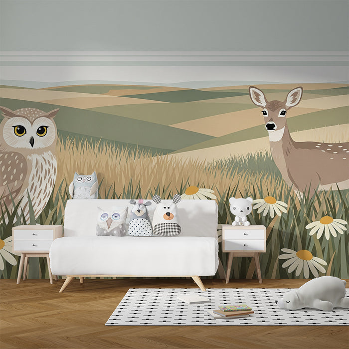 Kinderzimmer Tapete | Eule, Hirsch und Hase auf einer blühenden Wiese