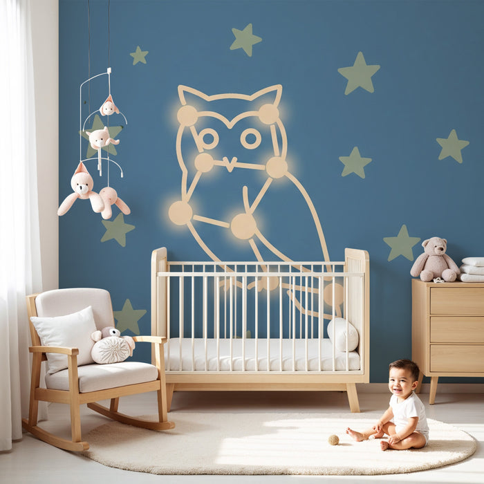 Papier peint chambre enfant | Hibou constellation et étoiles
