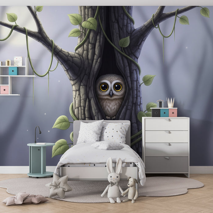 Kids room wallpaper | Curious owl and enchanted forest