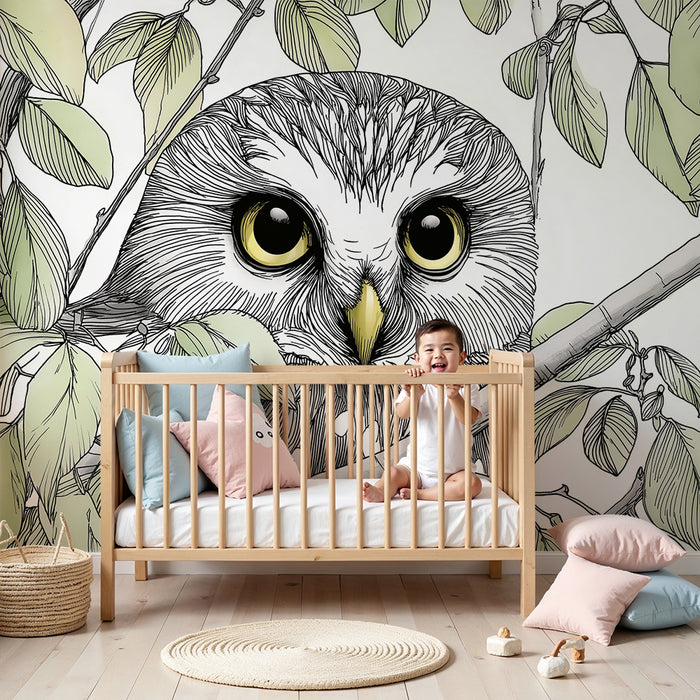 Kinderkamer behang | Nieuwsgierige uil tussen de groene bladeren