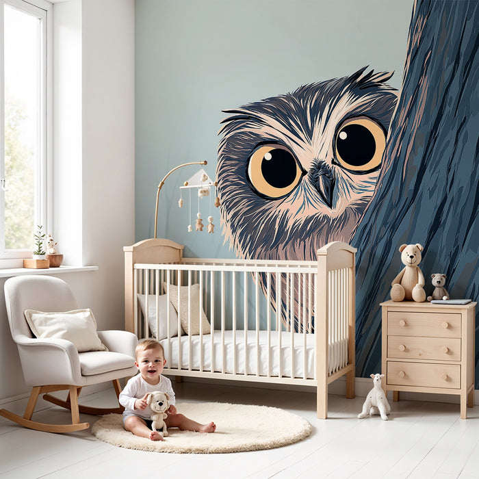 Kids room wallpaper | Curious owl on a tree in a soft atmosphere