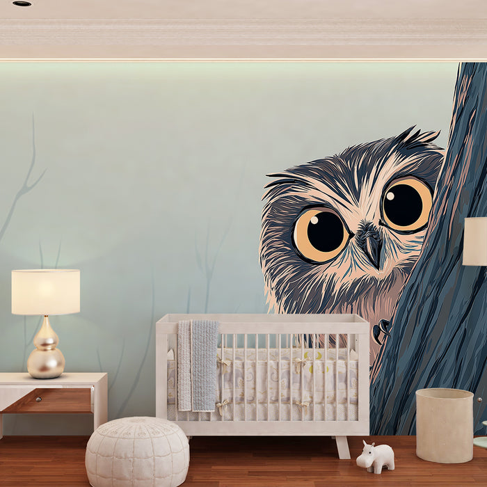 Kids room wallpaper | Curious owl on a tree in a soft atmosphere