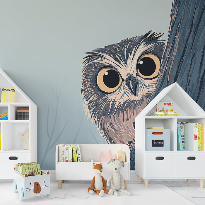Kids room wallpaper | Curious owl on a tree in a soft atmosphere