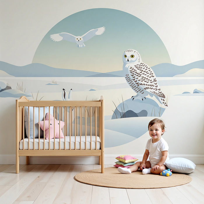Kinderzimmer Tapete | Eule und Hase in einer beruhigenden Winterlandschaft