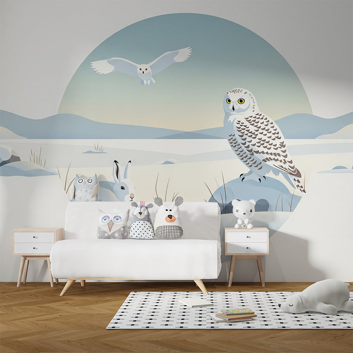 Kinderzimmer Tapete | Eule und Hase in einer beruhigenden Winterlandschaft