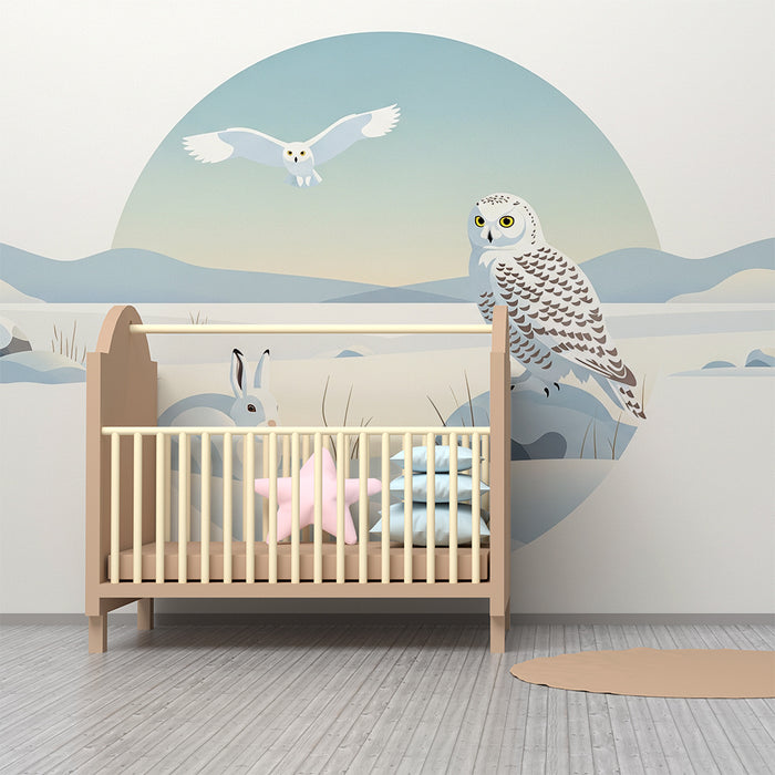 Kinderzimmer Tapete | Eule und Hase in einer beruhigenden Winterlandschaft