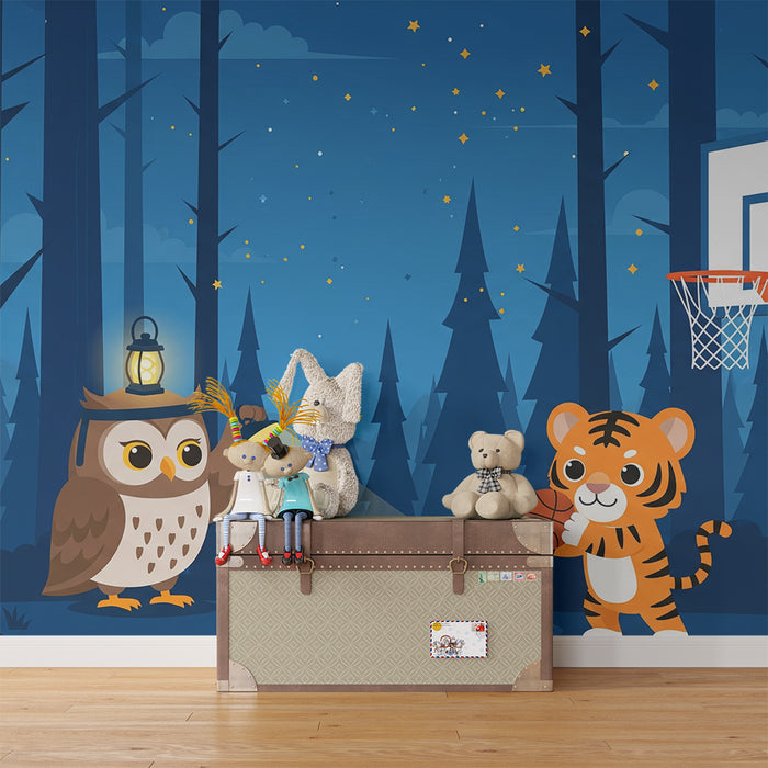 Kinderzimmer-Tapete | Eule und Tiger spielen Basketball unter den Sternen