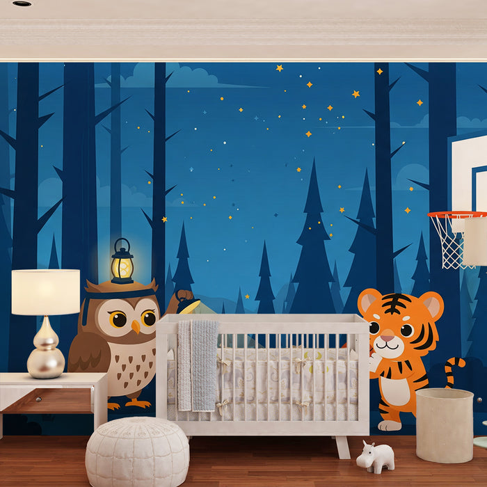 Kinderzimmer-Tapete | Eule und Tiger spielen Basketball unter den Sternen