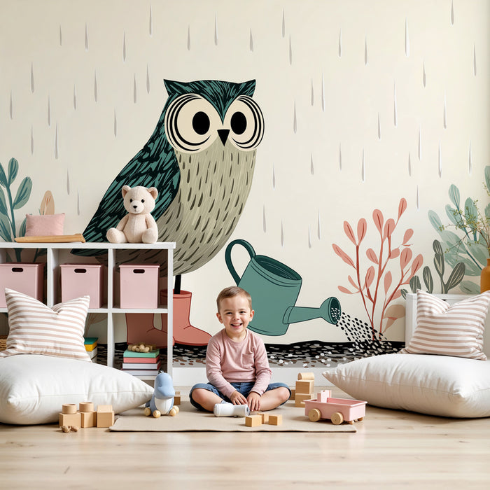 Papel pintado infantil | Búho jardinero bajo la lluvia