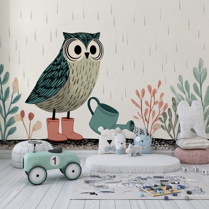 Papel pintado infantil | Búho jardinero bajo la lluvia