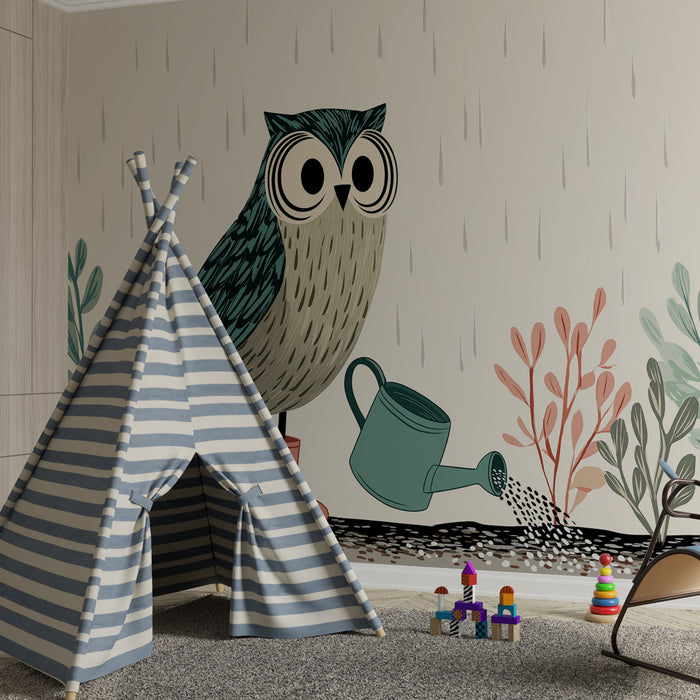Papel pintado infantil | Búho jardinero bajo la lluvia