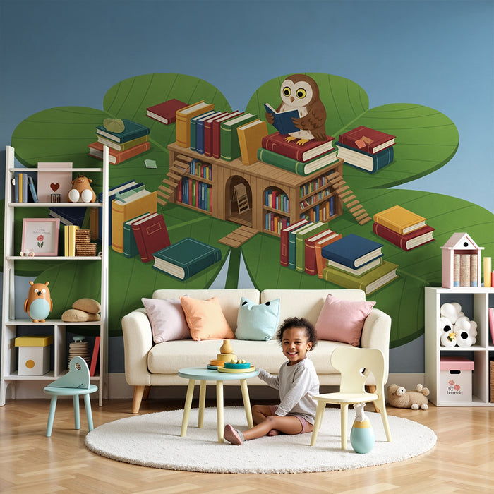 Papel de parede infantil | Coruja a ler num trevo com livros coloridos
