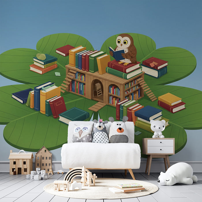 Papel de parede infantil | Coruja a ler num trevo com livros coloridos