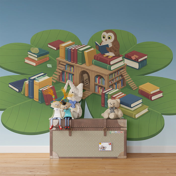 Papel de parede infantil | Coruja a ler num trevo com livros coloridos