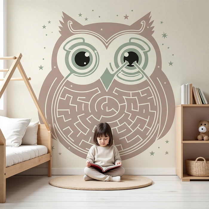 Kinderzimmer Tapete | Spielerische Eule mit Labyrinth und Sternen