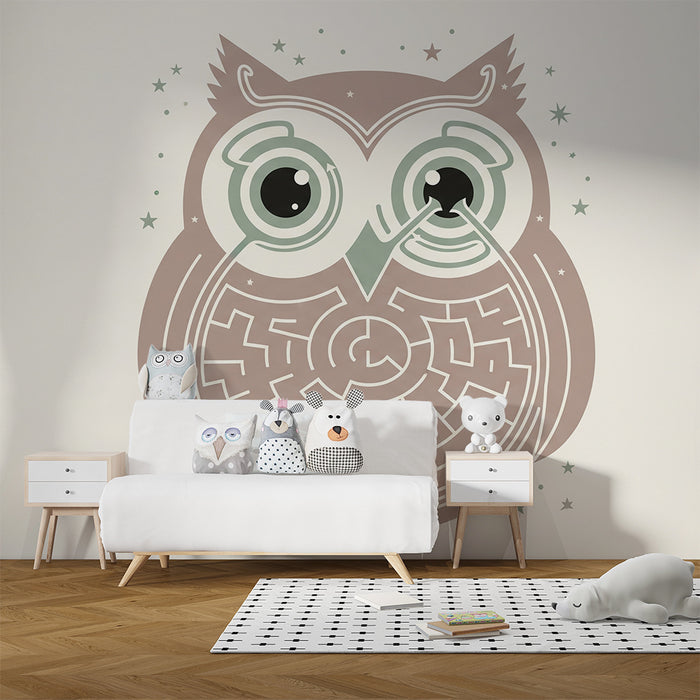 Kinderzimmer Tapete | Spielerische Eule mit Labyrinth und Sternen