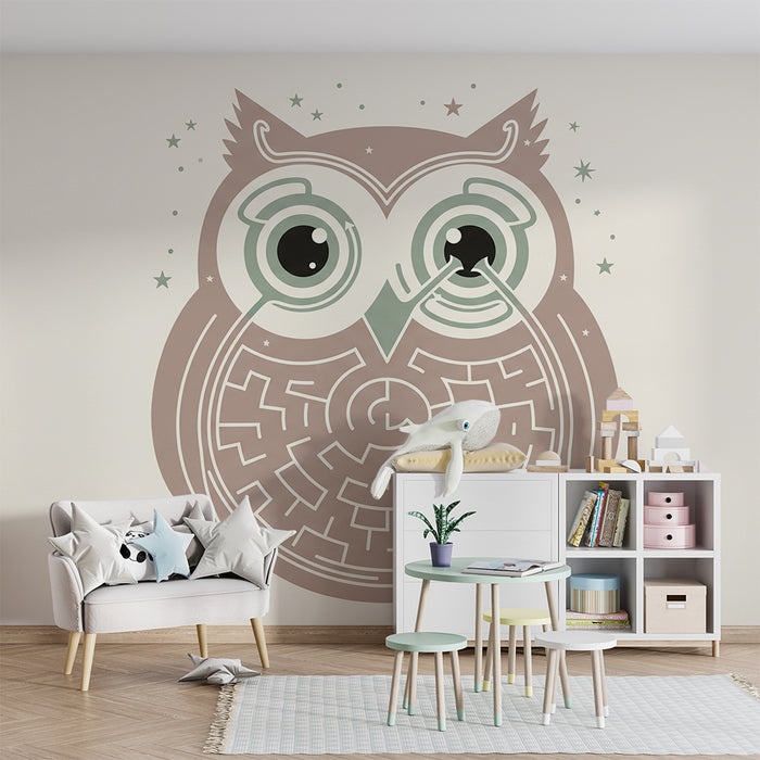 Kinderzimmer Tapete | Spielerische Eule mit Labyrinth und Sternen