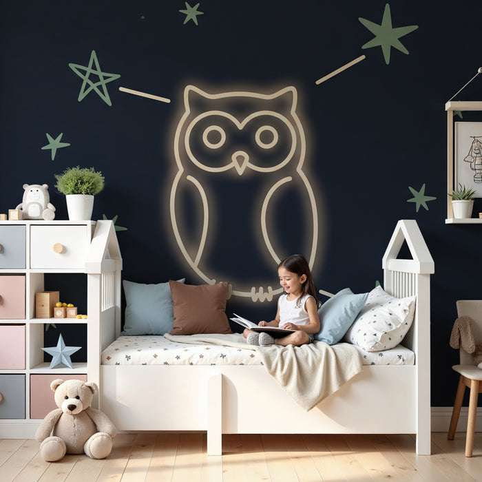 Papier peint chambre enfant | Hibou lumineux et étoiles