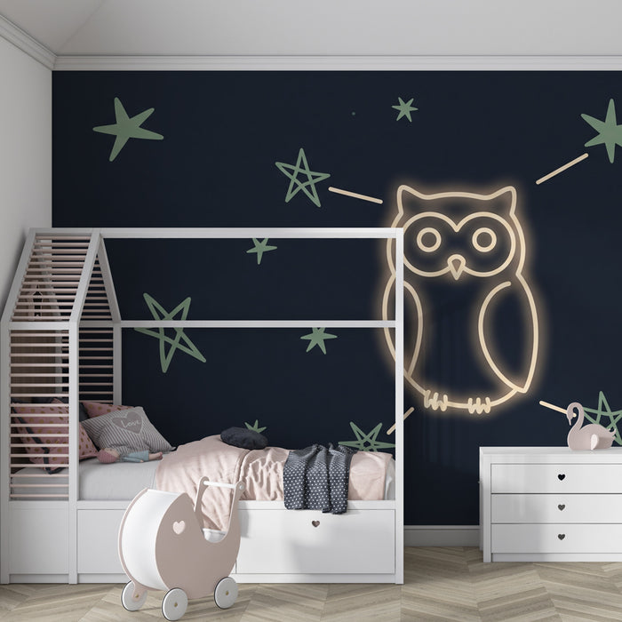 Papier peint chambre enfant | Hibou lumineux et étoiles
