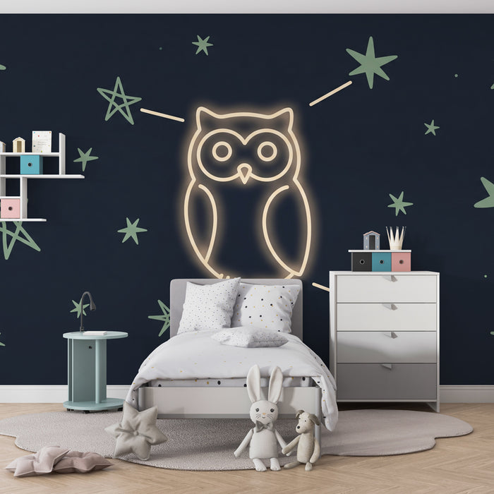 Papier peint chambre enfant | Hibou lumineux et étoiles