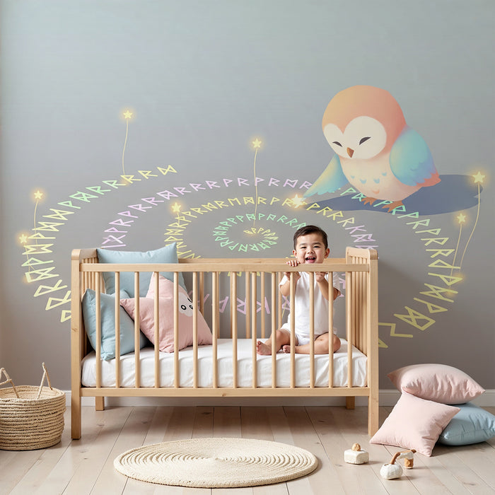 Papier peint chambre enfant | Hibou magique et spirale lumineuse de symboles