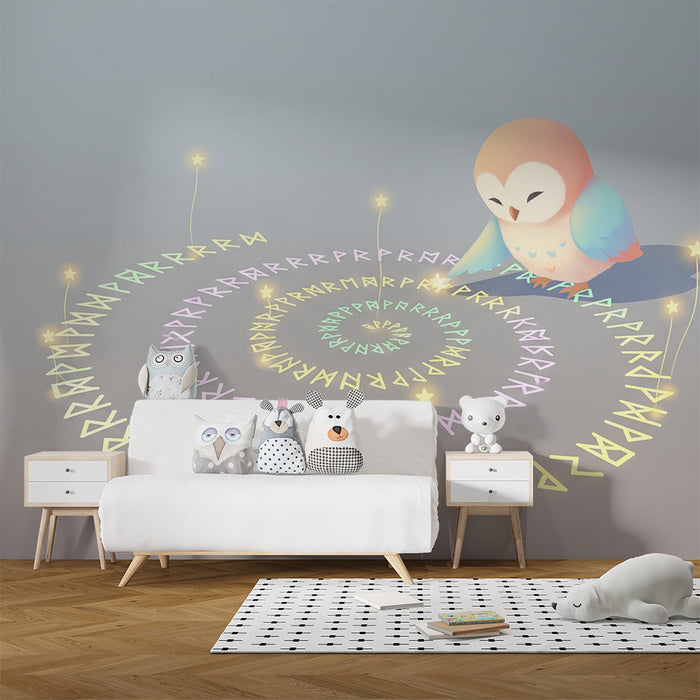 Papier peint chambre enfant | Hibou magique et spirale lumineuse de symboles