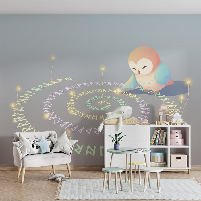 Papier peint chambre enfant | Hibou magique et spirale lumineuse de symboles