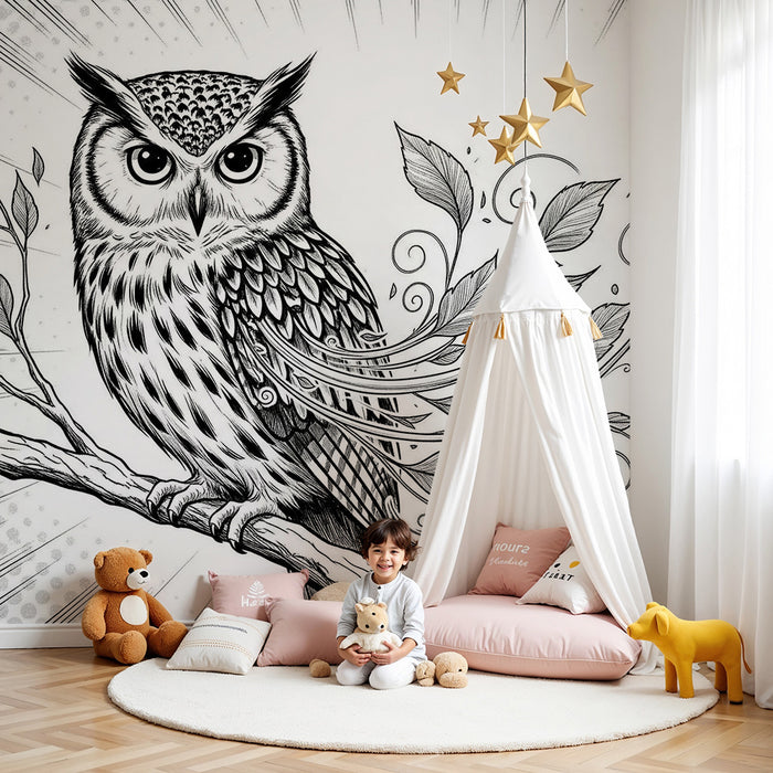 Behang kinderkamer | Majestueuze uil omringd door elegant bladerwerk