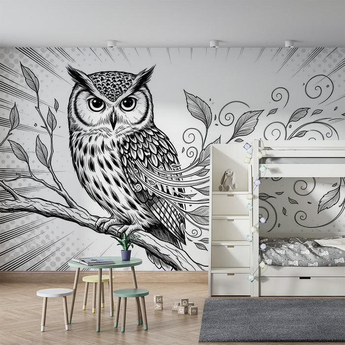Behang kinderkamer | Majestueuze uil omringd door elegant bladerwerk