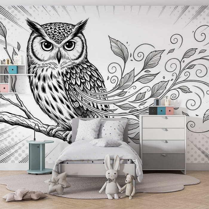 Behang kinderkamer | Majestueuze uil omringd door elegant bladerwerk