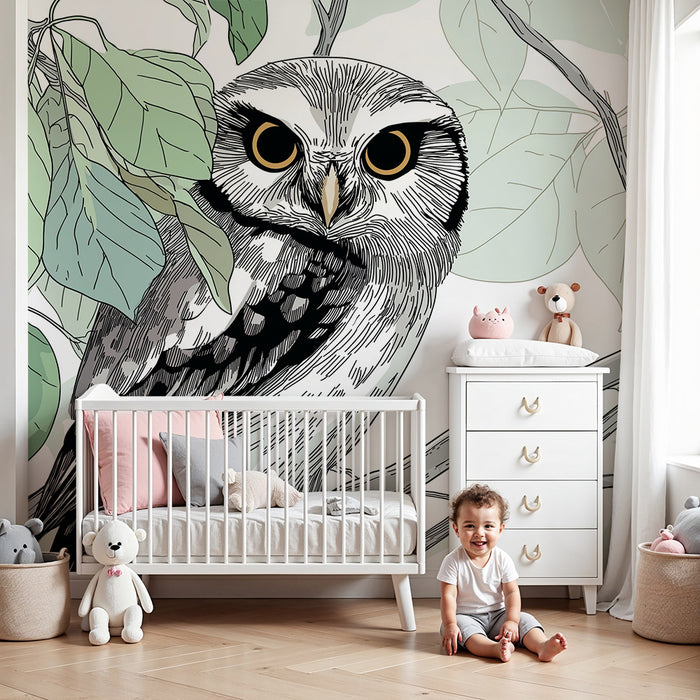 Kinderkamer behang | Majestueuze uil zittend tussen de bladeren