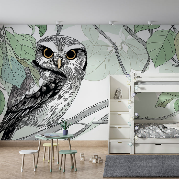 Kinderkamer behang | Majestueuze uil zittend tussen de bladeren