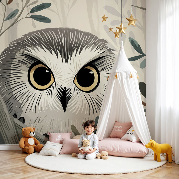 Papier peint chambre enfant | Hibou malicieux dans la forêt
