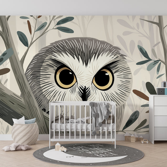 Papier peint chambre enfant | Hibou malicieux dans la forêt
