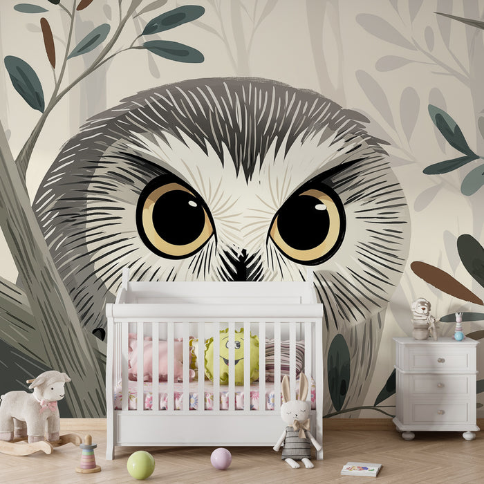 Papier peint chambre enfant | Hibou malicieux dans la forêt