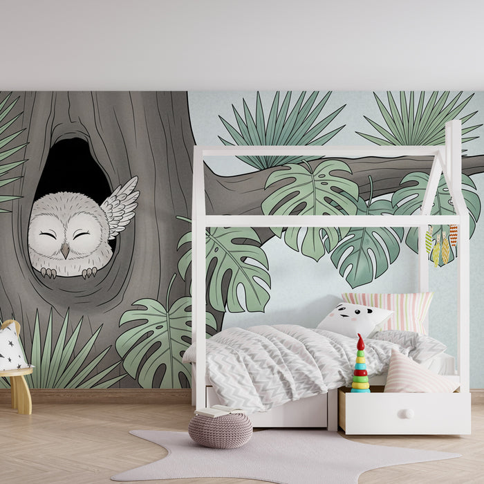 Kinderzimmer Tapete | Niedliche Eule im Baumstamm