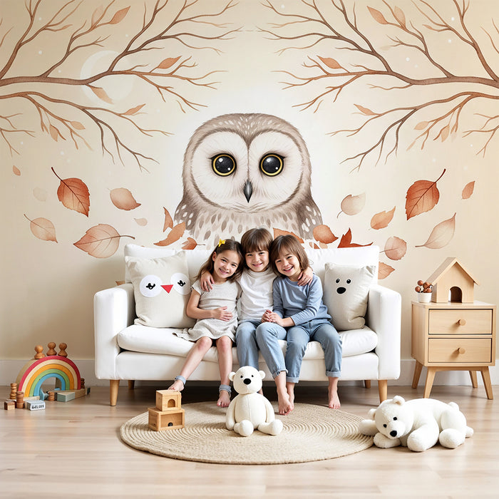Papier peint chambre enfant | Hibou mignon entouré de feuilles d'automne