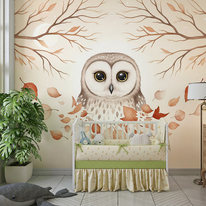 Papier peint chambre enfant | Hibou mignon entouré de feuilles d'automne