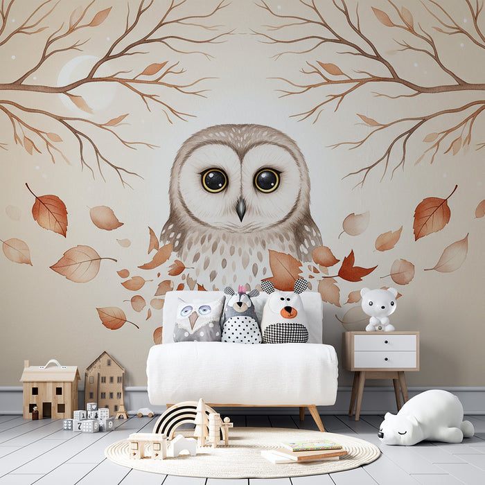 Papier peint chambre enfant | Hibou mignon entouré de feuilles d'automne