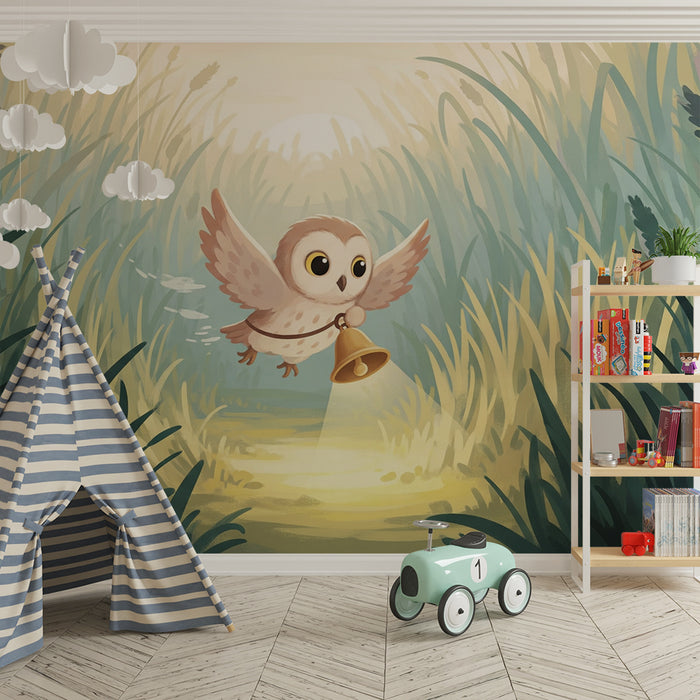 Papier peint chambre enfant | Hibou mignon volant avec une cloche dans les herbes dorées
