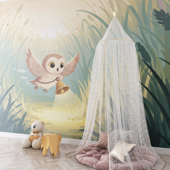 Papier peint chambre enfant | Hibou mignon volant avec une cloche dans les herbes dorées