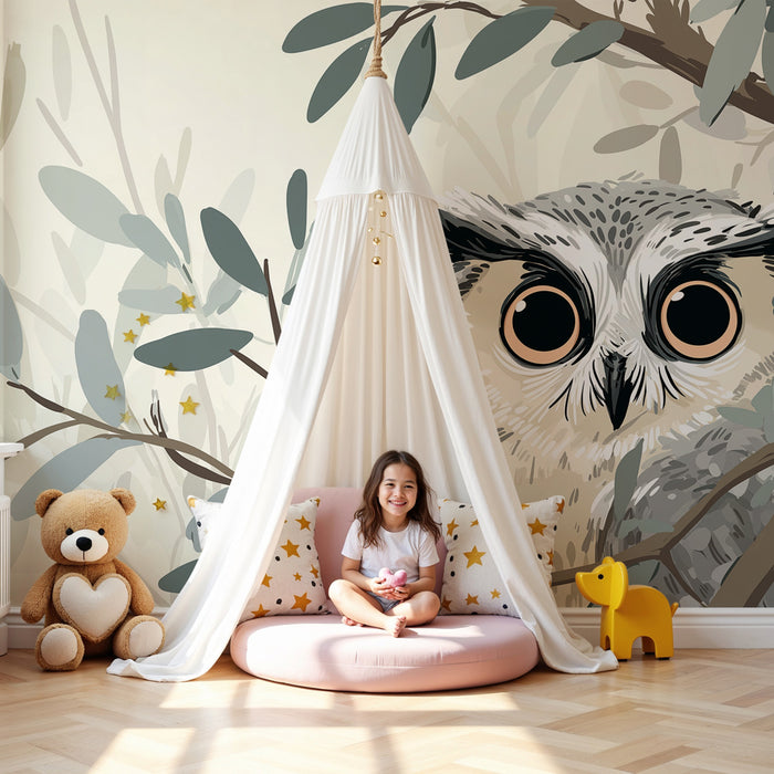 Papier peint chambre enfant | Hibou mystérieux et feuilles naturelles