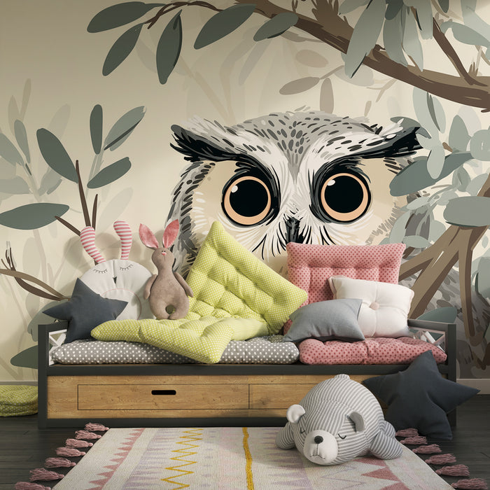 Papier peint chambre enfant | Hibou mystérieux et feuilles naturelles