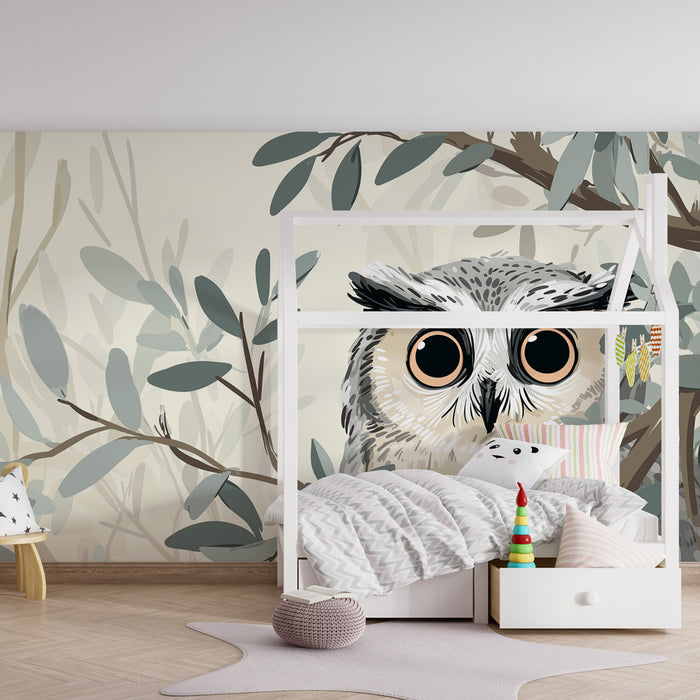 Papier peint chambre enfant | Hibou mystérieux et feuilles naturelles