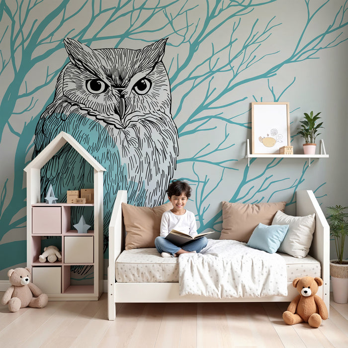 Papier peint chambre enfant | Hibou observateur sur une branche