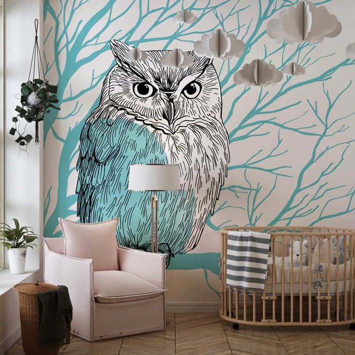 Papier peint chambre enfant | Hibou observateur sur une branche