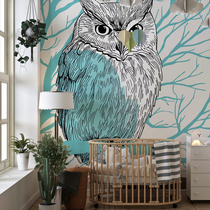 Papier peint chambre enfant | Hibou observateur sur une branche