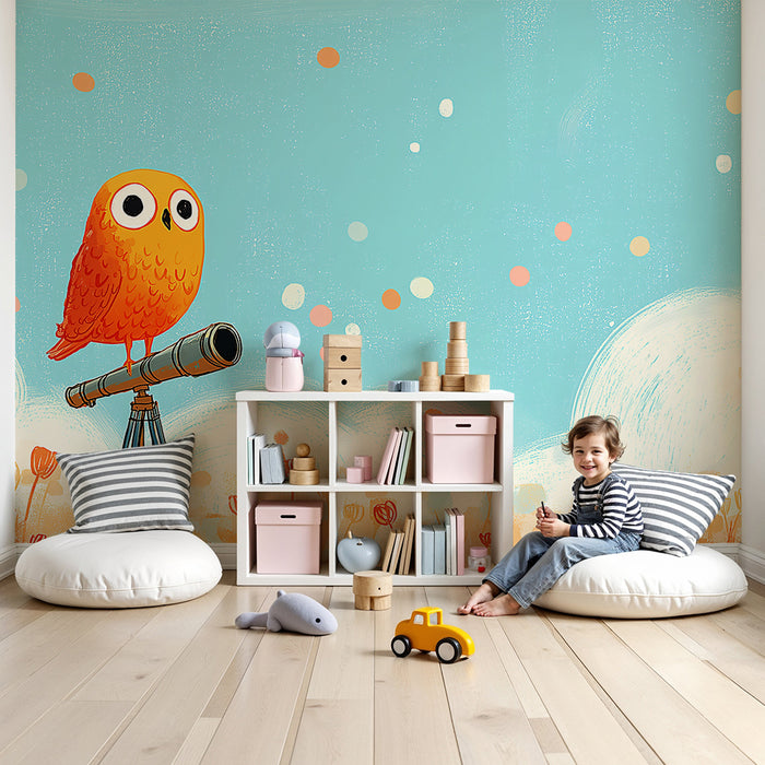 Kids room wallpaper | Curious orange owl on a telescope in a colorful field